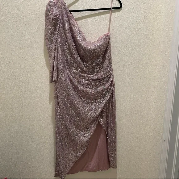 NEW Ienna for Macduggal SEQUINED ONE SHOULDER FAUX WRAP DRESS mauve multicolor